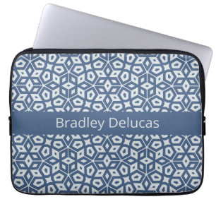 Two-Tone Blauw Mozaïek met Donkere Naam Streep Laptop Sleeve