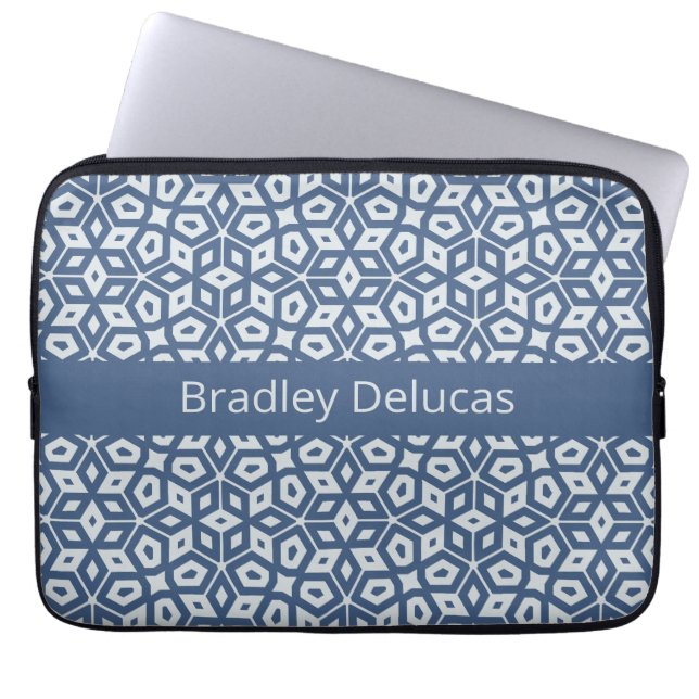 Two-Tone Blauw Mozaïek met Donkere Naam Streep Laptop Sleeve (Voorkant)