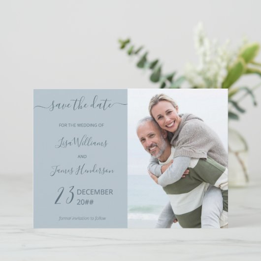 Two-Tone Dusty Blue Custom Photo Sla de datum op Kaart (Staand voorkant)