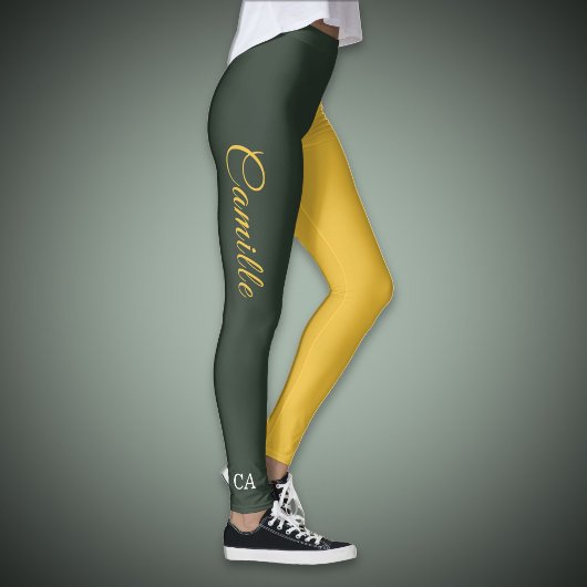 Two Tone Gold & Forest Green Monogram Leggings