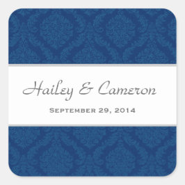 Two Tone Navy Blauw Damask Bruiloft V16 Vierkante Sticker