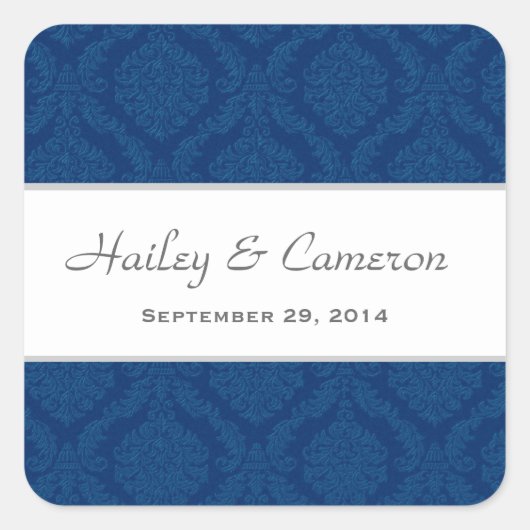 Two Tone Navy Blauw Damask Bruiloft V16 Vierkante Sticker (Voorkant)