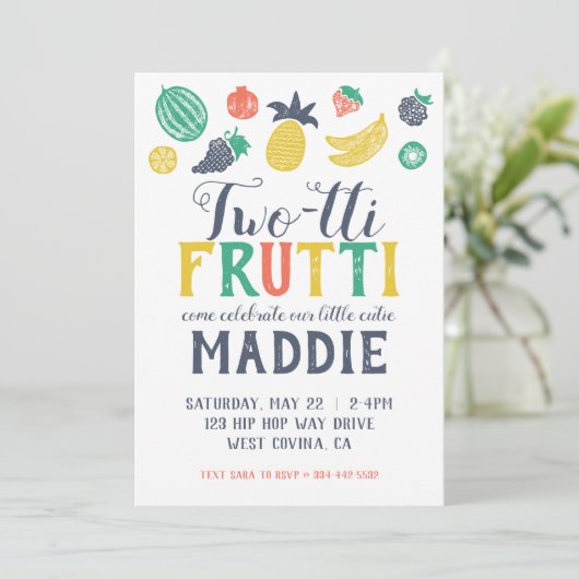 Two-Tti Fruiti tweede verjaardag uitnodiging (Staand voorkant)