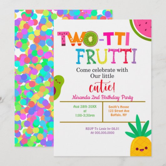 Two-tti Frutti 2nd Girl Birthday Party nodigt uit (Voorkant / Achterkant)