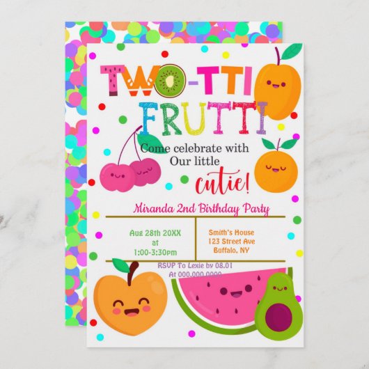 Two-tti Frutti 2nd Girl Birthday Party nodigt uit (Voorkant / Achterkant)