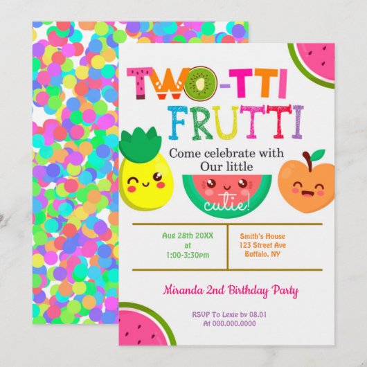 Two-tti Frutti 2nd Girl Birthday Party nodigt uit (Voorkant / Achterkant)