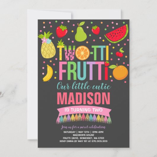 Two-tti Frutti Feest Uitnodiging 2e Verjaardagsfee (Voorkant)