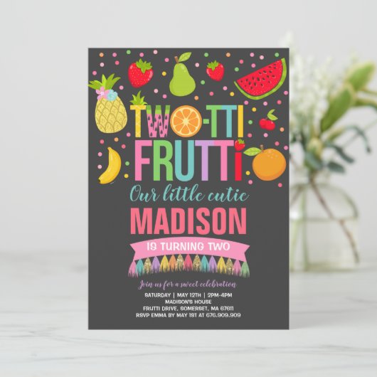 Two-tti Frutti Feest Uitnodiging 2e Verjaardagsfee (Staand voorkant)
