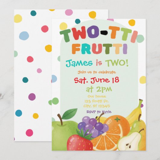 TWO-TTI FRUTTI Uitnodiging voor 2e verjaardagsfees (Voorkant / Achterkant)