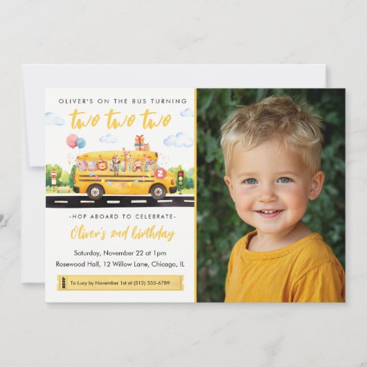 Two Two Two School Bus 2nd Birthday Invitation Kaart (Voorkant)