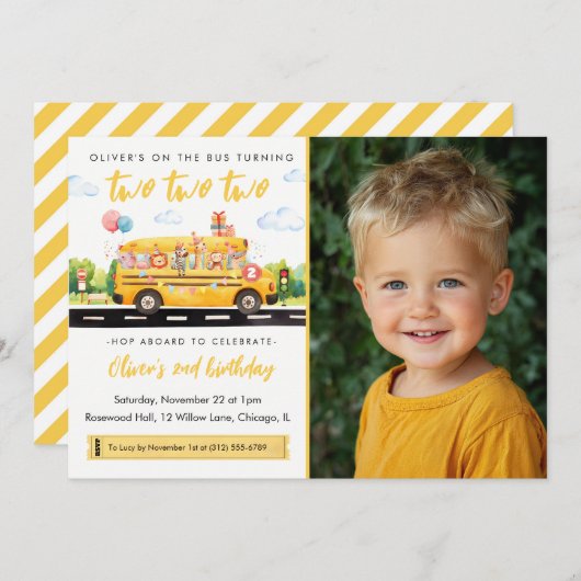 Two Two Two School Bus 2nd Birthday Invitation Kaart (Voorkant / Achterkant)