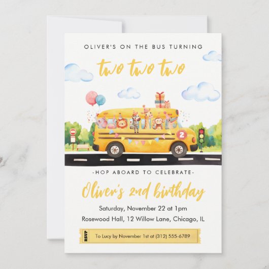 Two Two Two School Bus 2nd Birthday Invitation Kaart (Voorkant)
