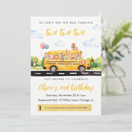 Two Two Two School Bus 2nd Birthday Invitation Kaart (Staand voorkant)