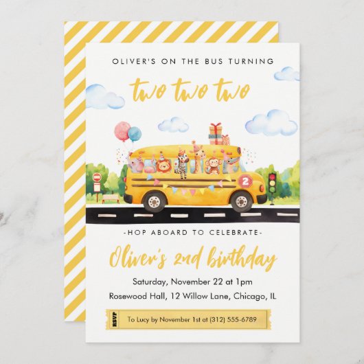 Two Two Two School Bus 2nd Birthday Invitation Kaart (Voorkant / Achterkant)