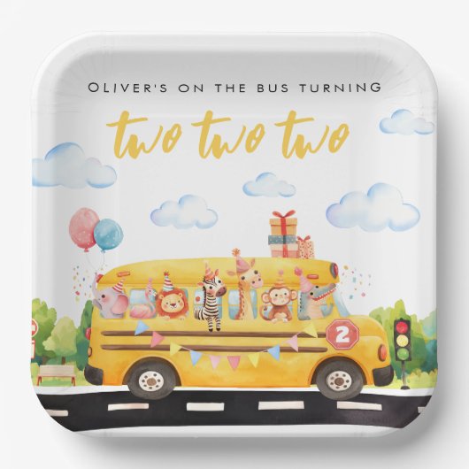 Two Two Two School Bus Square Paper Plate Papieren Bordje (Voorkant)
