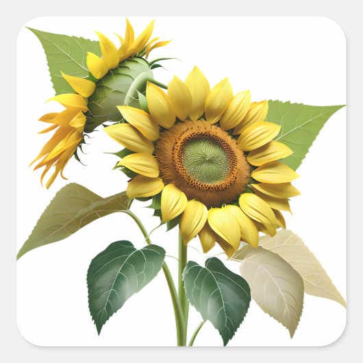 Two Vibrant Sunflowers with Lush Green Leaves Vierkante Sticker (Voorkant)