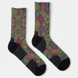 Two views of colorful socks featuring a geometric sokken