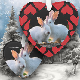 Two White Rabbits with Red Hearts Holiday Ornament