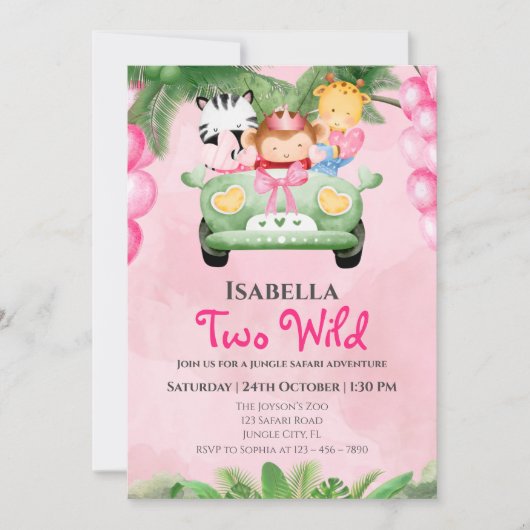 Two Wild Cute Safari Animals Girls 2nd Birthday  Kaart (Voorkant)