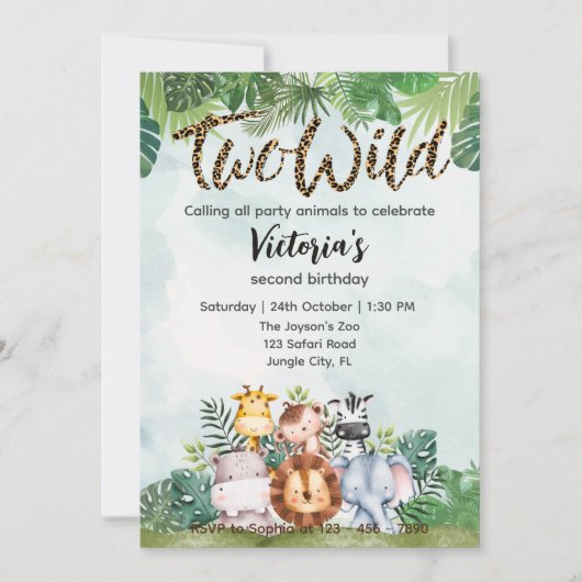 Two Wild Cute Safari Animals Girls 2nd Birthday  Kaart (Voorkant)