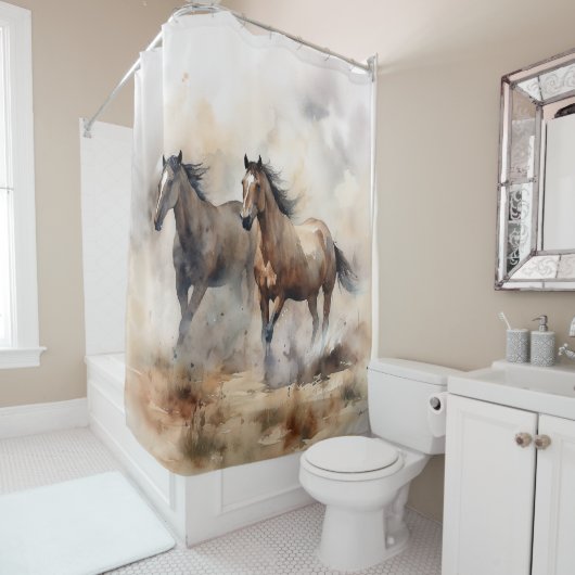 “Two Wild Mustangs” Stof Westers Waterverf Douchegordijn (In situ)