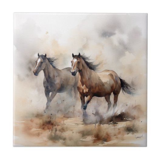 “Two Wild Mustangs” Stof Westers Waterverf Tegeltje (Voorkant)