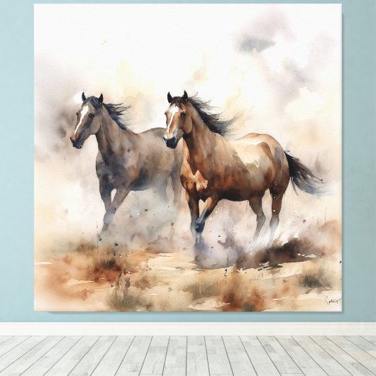 "Two Wild Mustangs" Stoffige Westerne aquarel Canvas Afdruk (Insitu (Houten vloer))