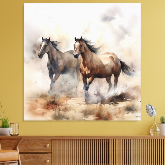 "Two Wild Mustangs" Stoffige Westerne aquarel Canvas Afdruk (Insitu (Woonkamer))