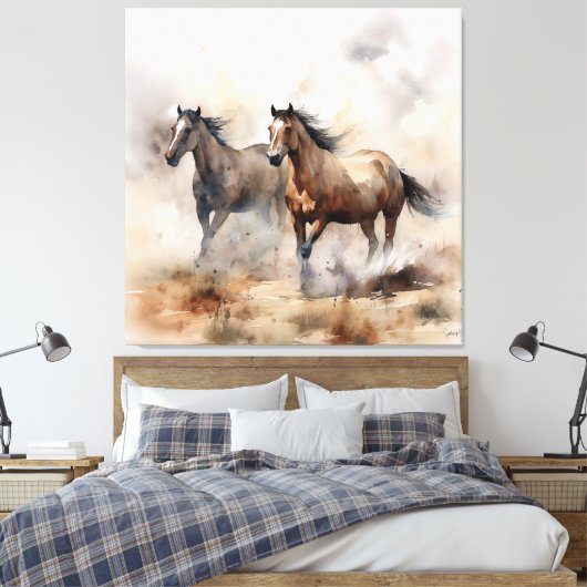 "Two Wild Mustangs" Stoffige Westerne aquarel Canvas Afdruk (Insitu (Slaapkamer))