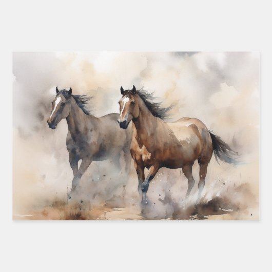 "Two Wild Mustangs" Stoffige Westerne aquarel Inpakpapier Vel (Voorkant)