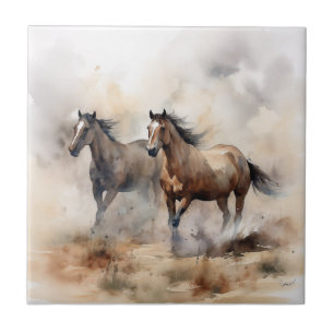 "Two Wild Mustangs" Stoffige Westerne aquarel Tegeltje