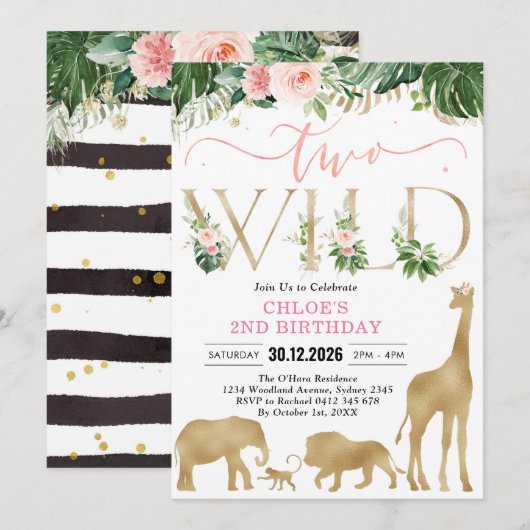 Two Wild Party Animals 2nd Birthday Invitation Kaart (Voorkant / Achterkant)