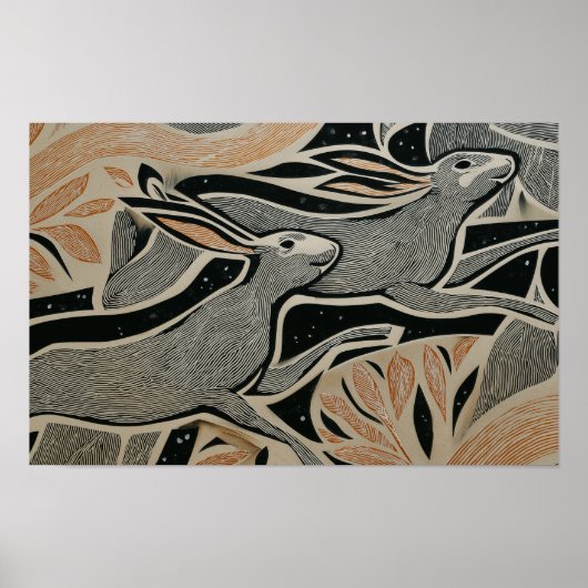 Two wild rabbits with woodcut textures poster (Voorkant)