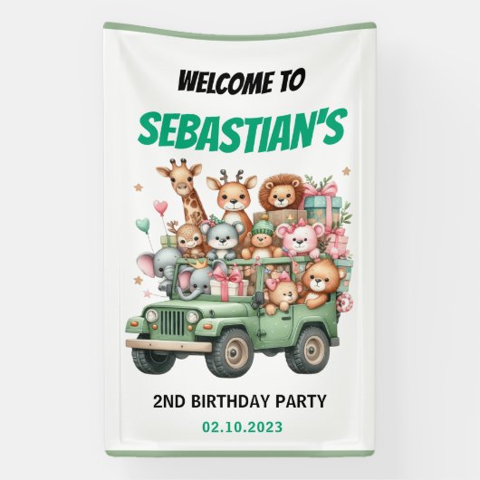 Two Wild Safari Animal 2nd Birthday Party Spandoek (Verticaal)