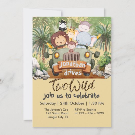 Two Wild Safari Animals Driving Car 2nd Birthday  Kaart (Voorkant)