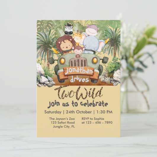 Two Wild Safari Animals Driving Car 2nd Birthday  Kaart (Staand voorkant)