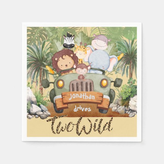 Two Wild Safari Animals Driving Car 2nd Birthday Servet (Voorkant)