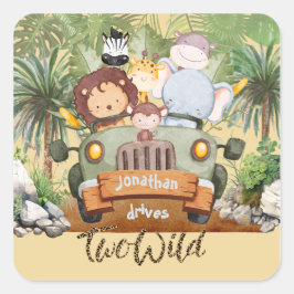 Two Wild Safari Animals Driving Car 2nd Birthday Vierkante Sticker