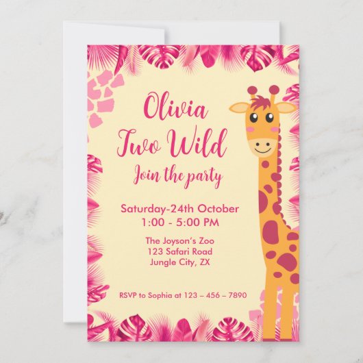 Two Wild Safari Animals Giraf Girl Pink 2nd Bday Kaart (Voorkant)