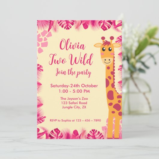 Two Wild Safari Animals  Giraf Girl Pink 2nd Bday Kaart (Staand voorkant)