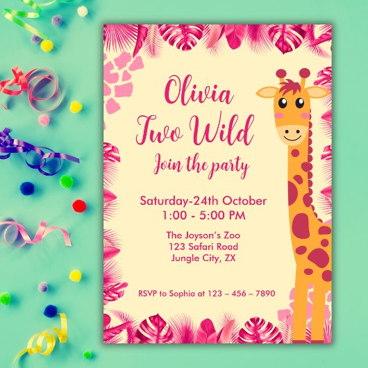 Two Wild Safari Animals  Giraf Girl Pink 2nd Bday Kaart