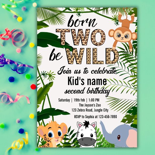 Two Wild Safari Animals Jungle Kids 2nd birthday Kaart