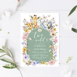 Two Wild Wildflower Animal 2nd Birthday Invitation Kaart