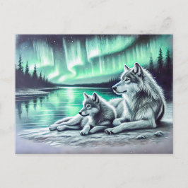 Two Wolves at the Waters Edge with Northern Lights Briefkaart