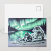 Two Wolves at the Waters Edge with Northern Lights Briefkaart (Voorkant / Achterkant)