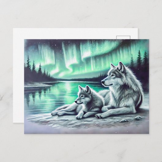 Two Wolves at the Waters Edge with Northern Lights Briefkaart (Voorkant / Achterkant)