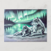 Two Wolves at the Waters Edge with Northern Lights Briefkaart (Voorkant)