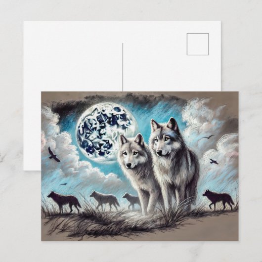 Two Wolves in Moonlight with Pack Briefkaart (Voorkant / Achterkant)