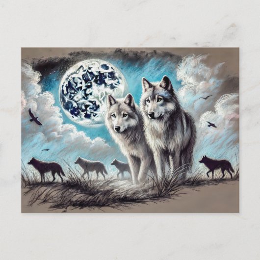 Two Wolves in Moonlight with Pack Briefkaart (Voorkant)