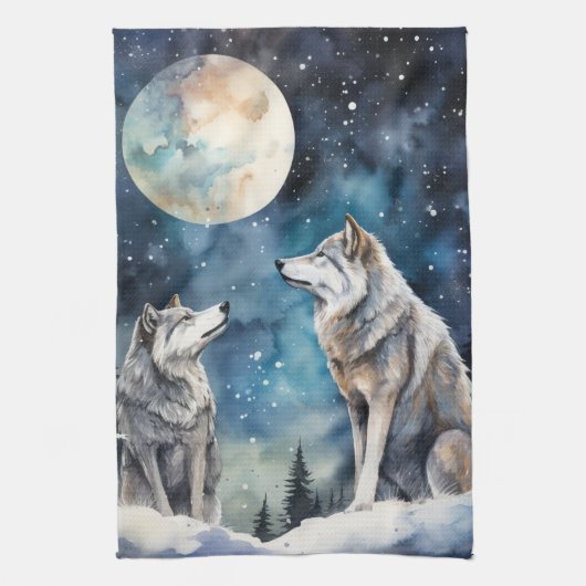 Two Wolves in Winter Theedoek (Verticaal)